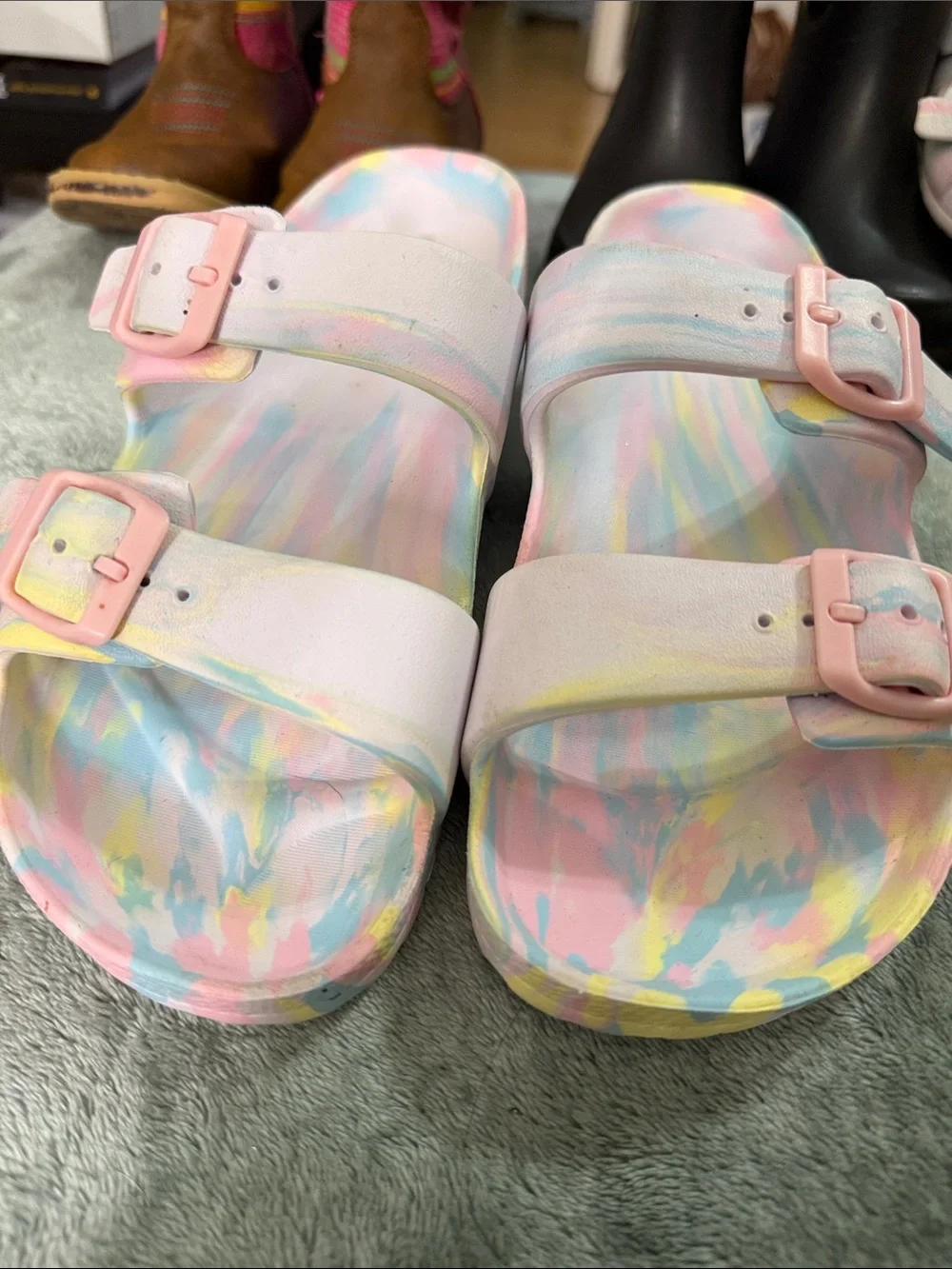 Cat & Jack Pastel Tie-Dye Double Buckle Slide Sandals - Pink, Yellow, Blue